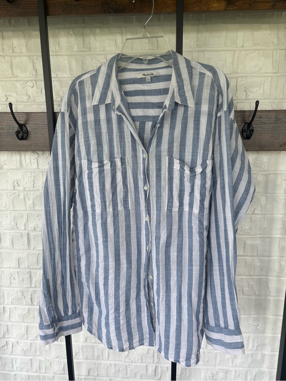 Madewell Blue and White Vertical Stripe Button-Down Shirt